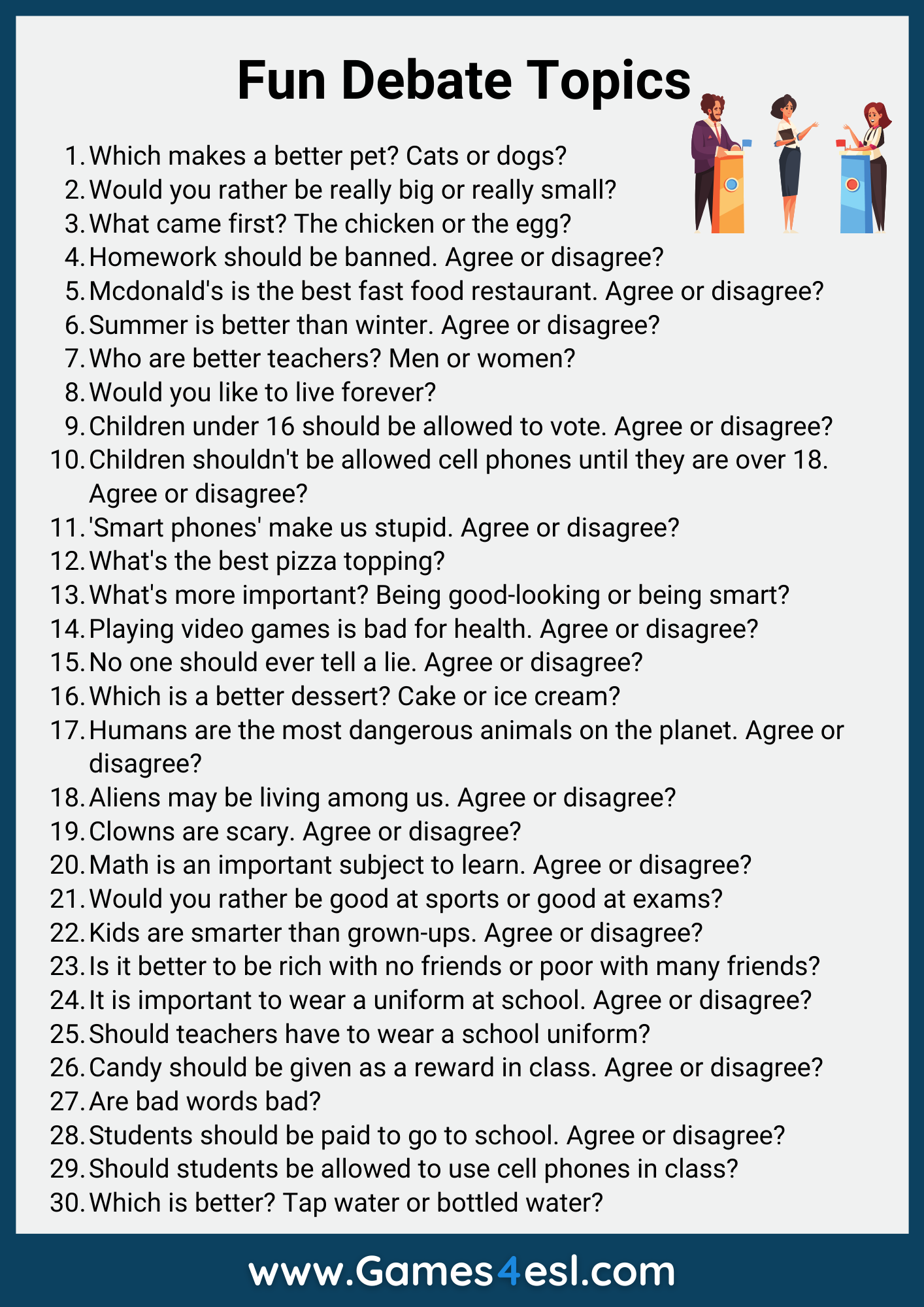 30 Funny Debate Topics List Of Fun Topics For Debate Games4esl