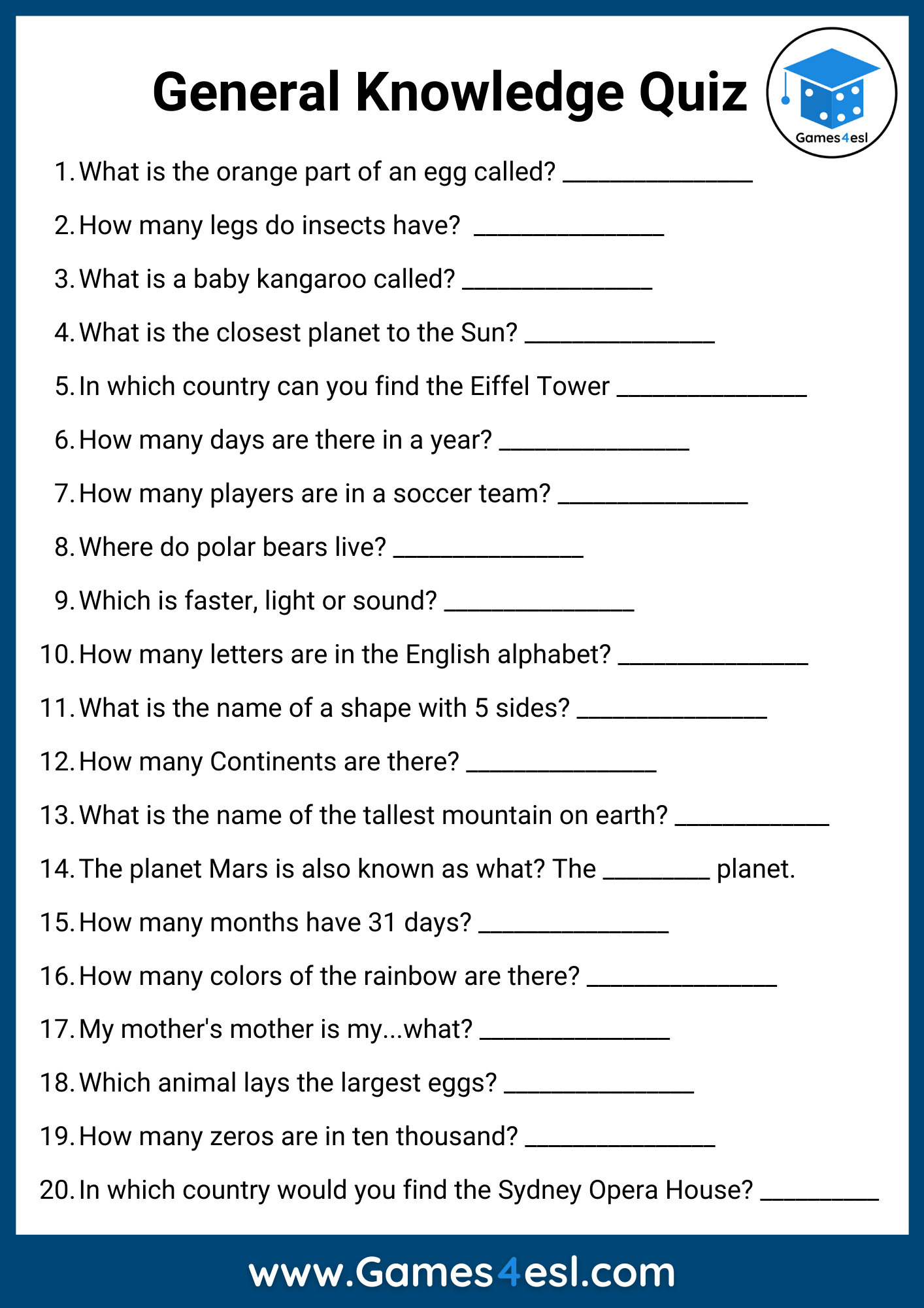 General Knowledge In English With Answer - Printable Templates Protal