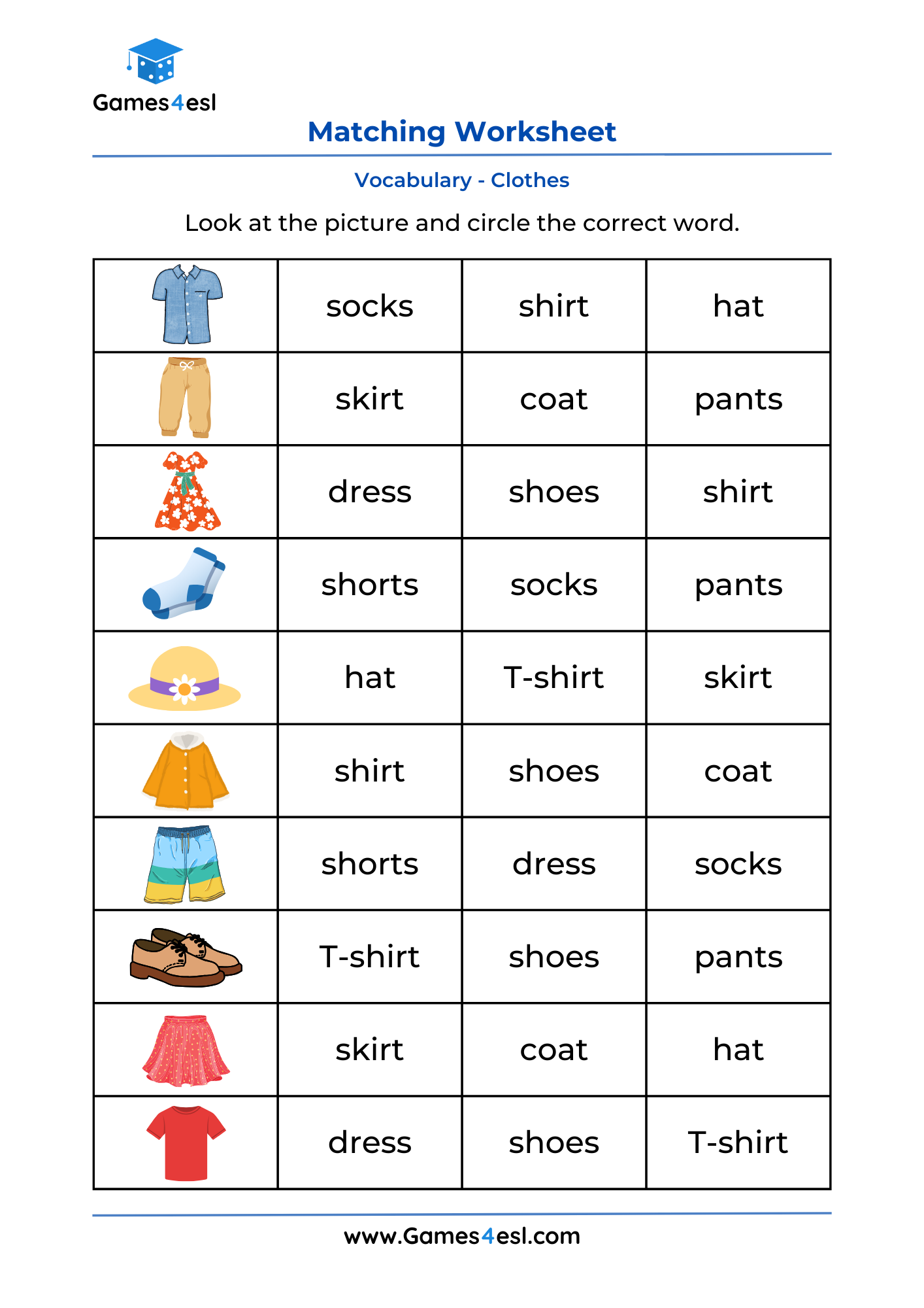 A vocabulary worksheet for practicing clothes in English.
