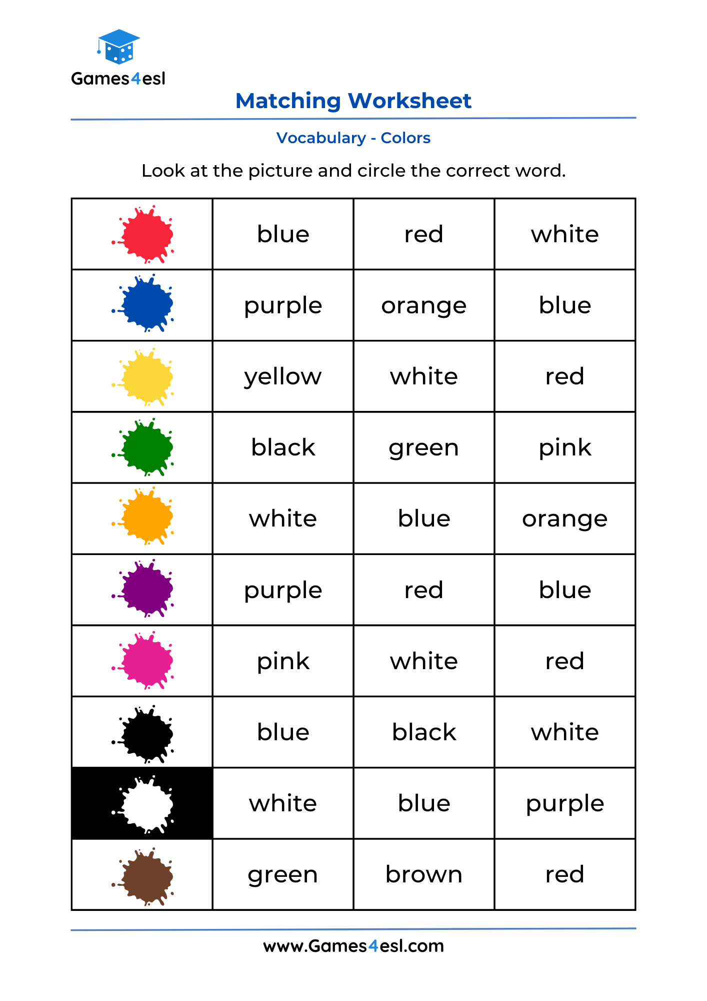 A vocabulary worksheet for practicing colors in English.