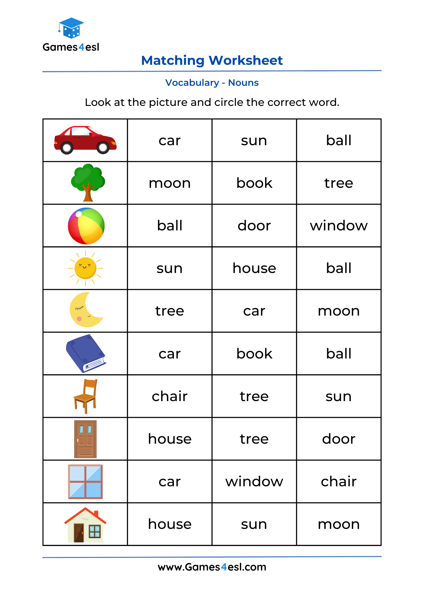 A vocabulary worksheet for practicing nouns in English.