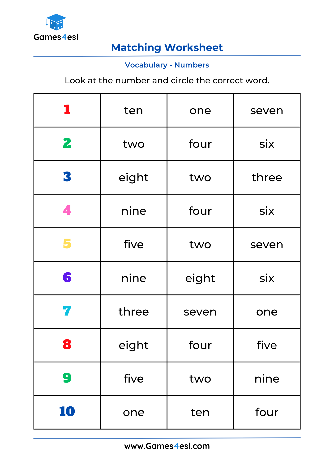 A vocabulary worksheet for practicing numbers in English.