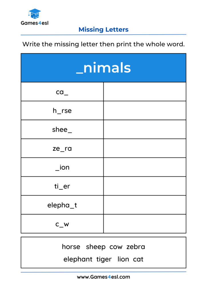 A missing letters worksheet for learning animal names.