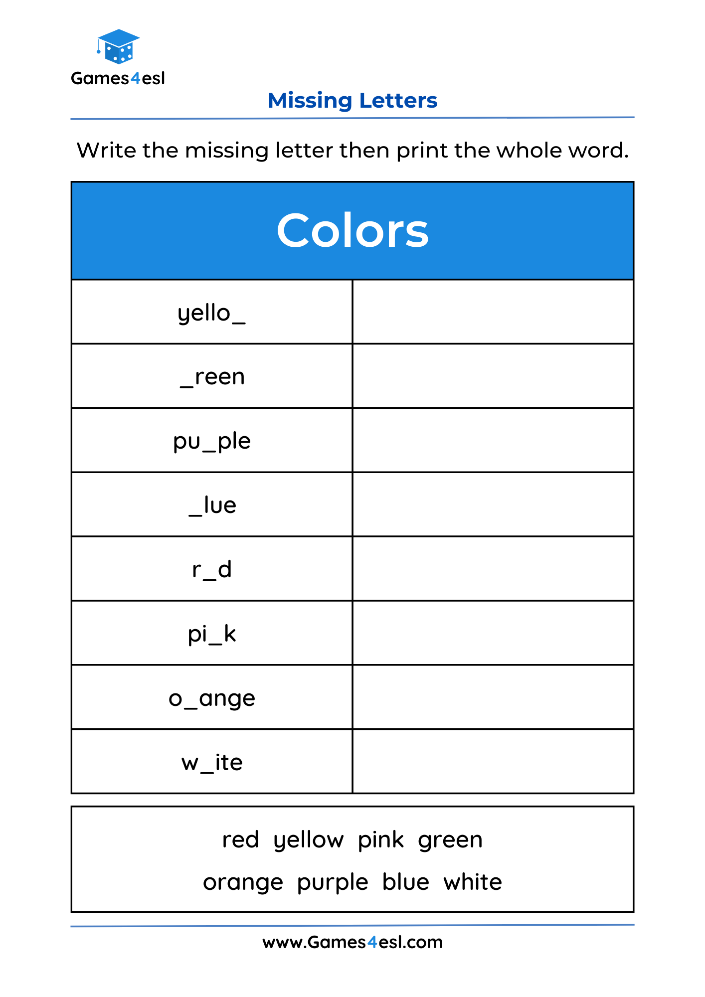 A missing letters worksheet for learning colors.