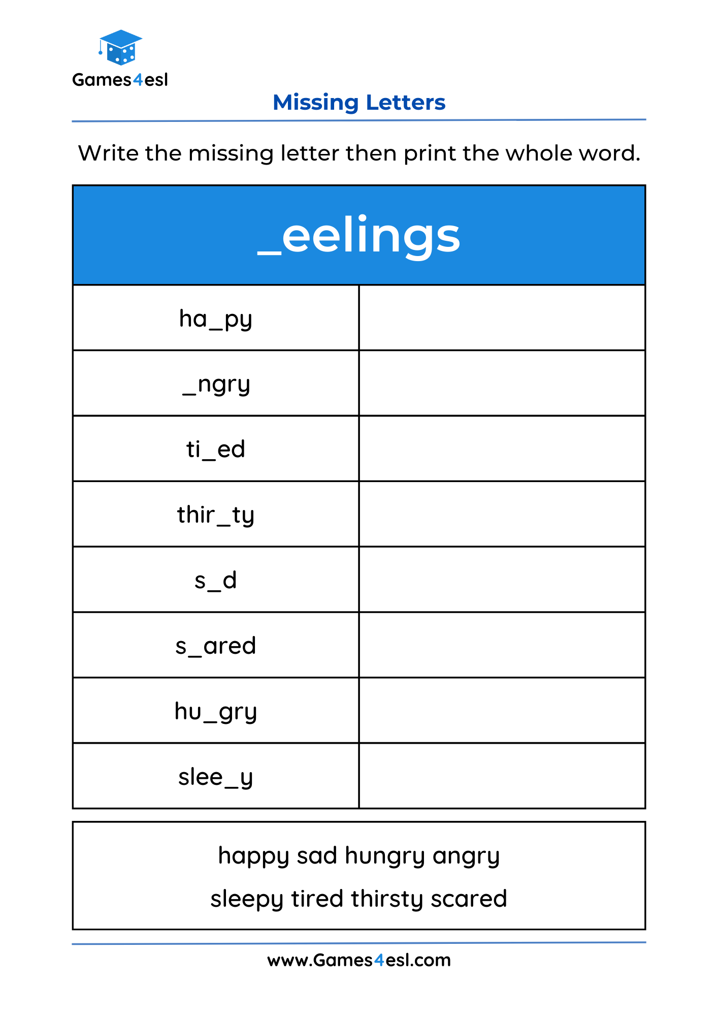 A missing letters worksheet for learning feelings.