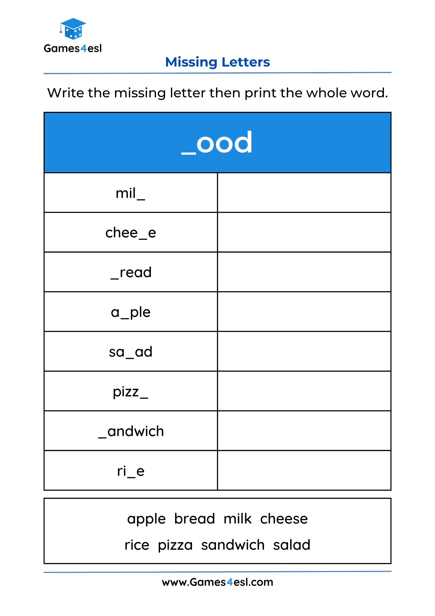 A missing letters worksheet for learning food vocabulary.