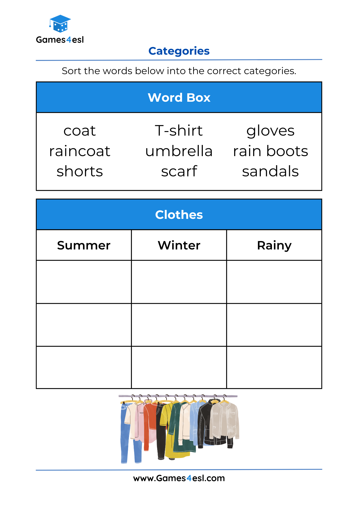A word sorting worksheet for grade 1 about clothes.