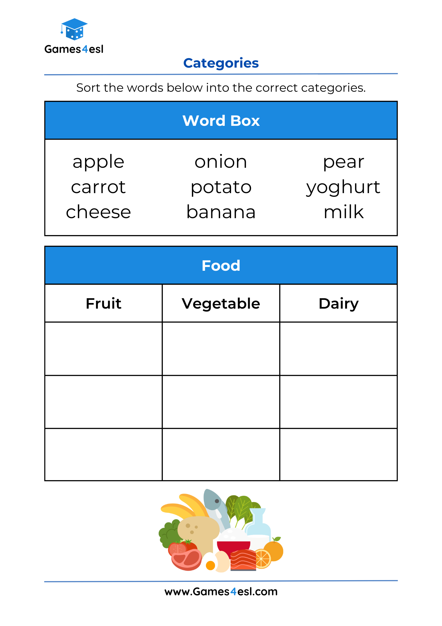 A word sorting worksheet for grade 1 about food.