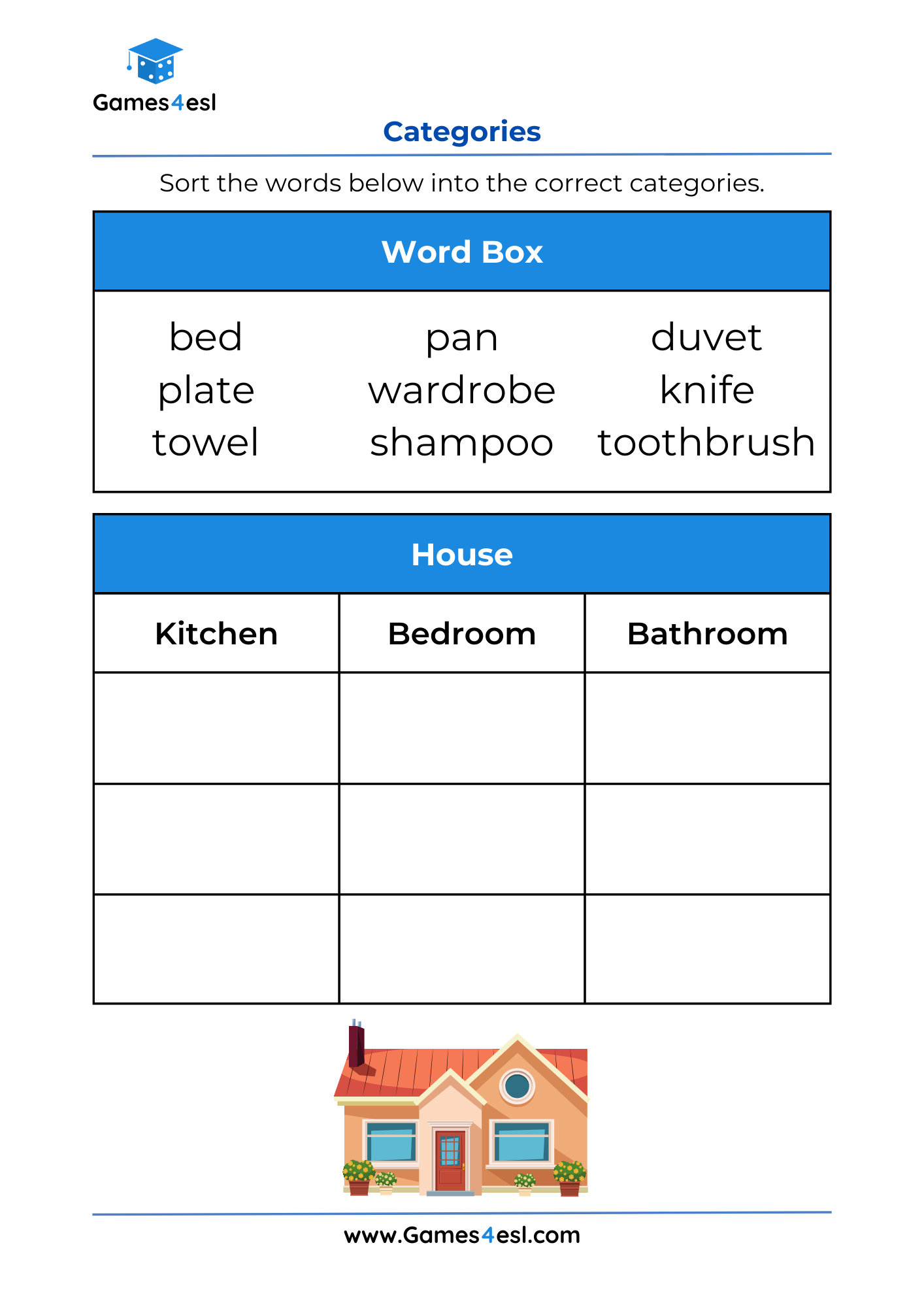 A word sorting worksheet for grade 1 about house vocabulary.