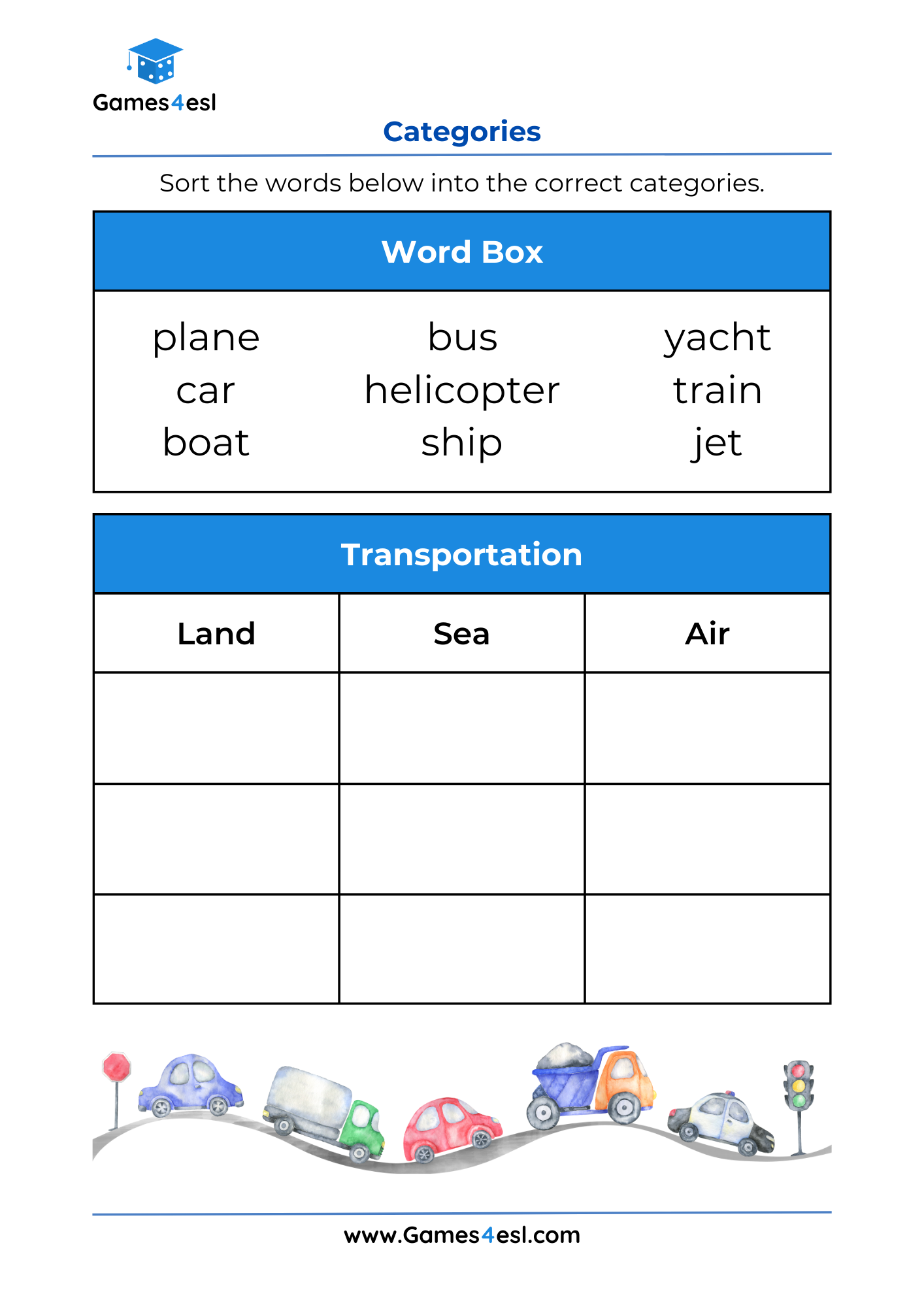 A word sorting worksheet for grade 1 about transportation.