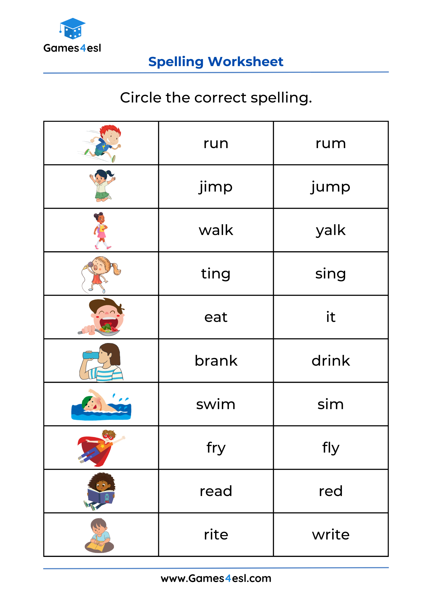 A spelling worksheet for learning action verbs.
