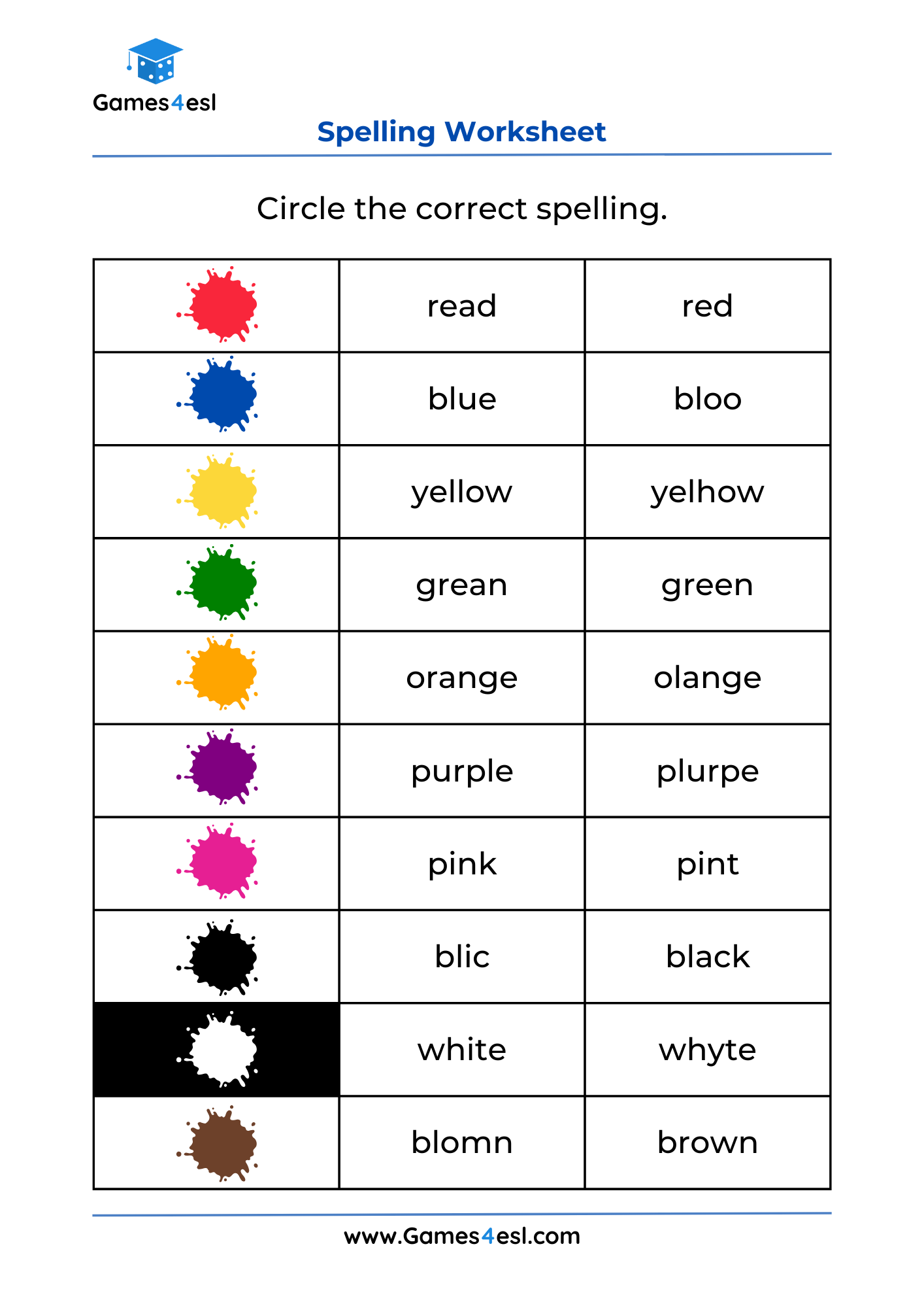 A spelling worksheet for learning color name.