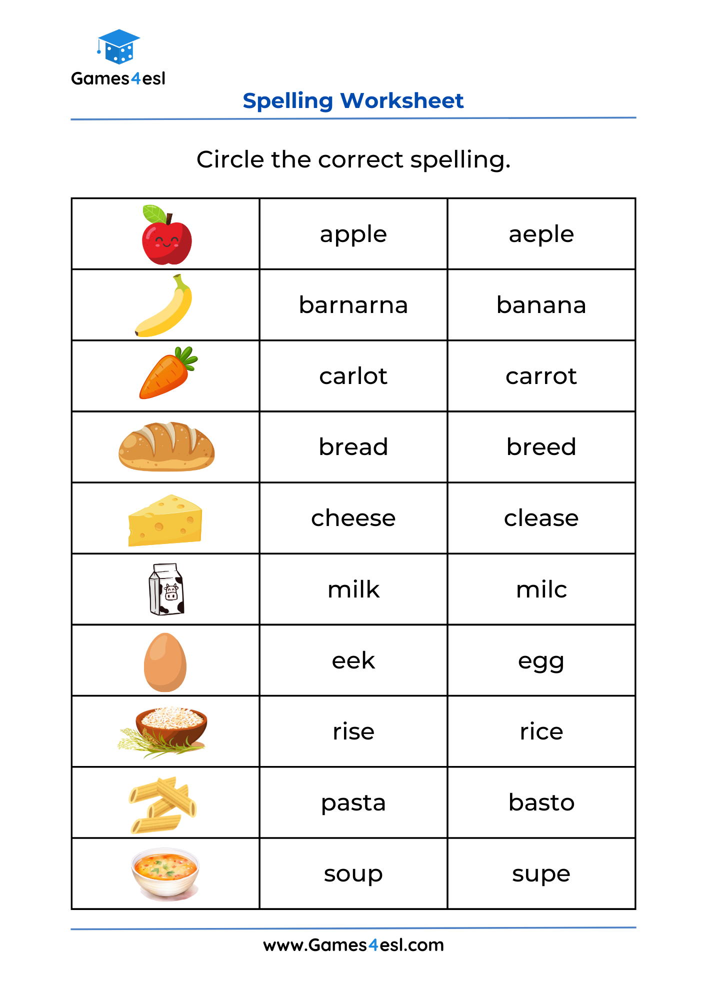 A spelling worksheet for learning food vocabulary.