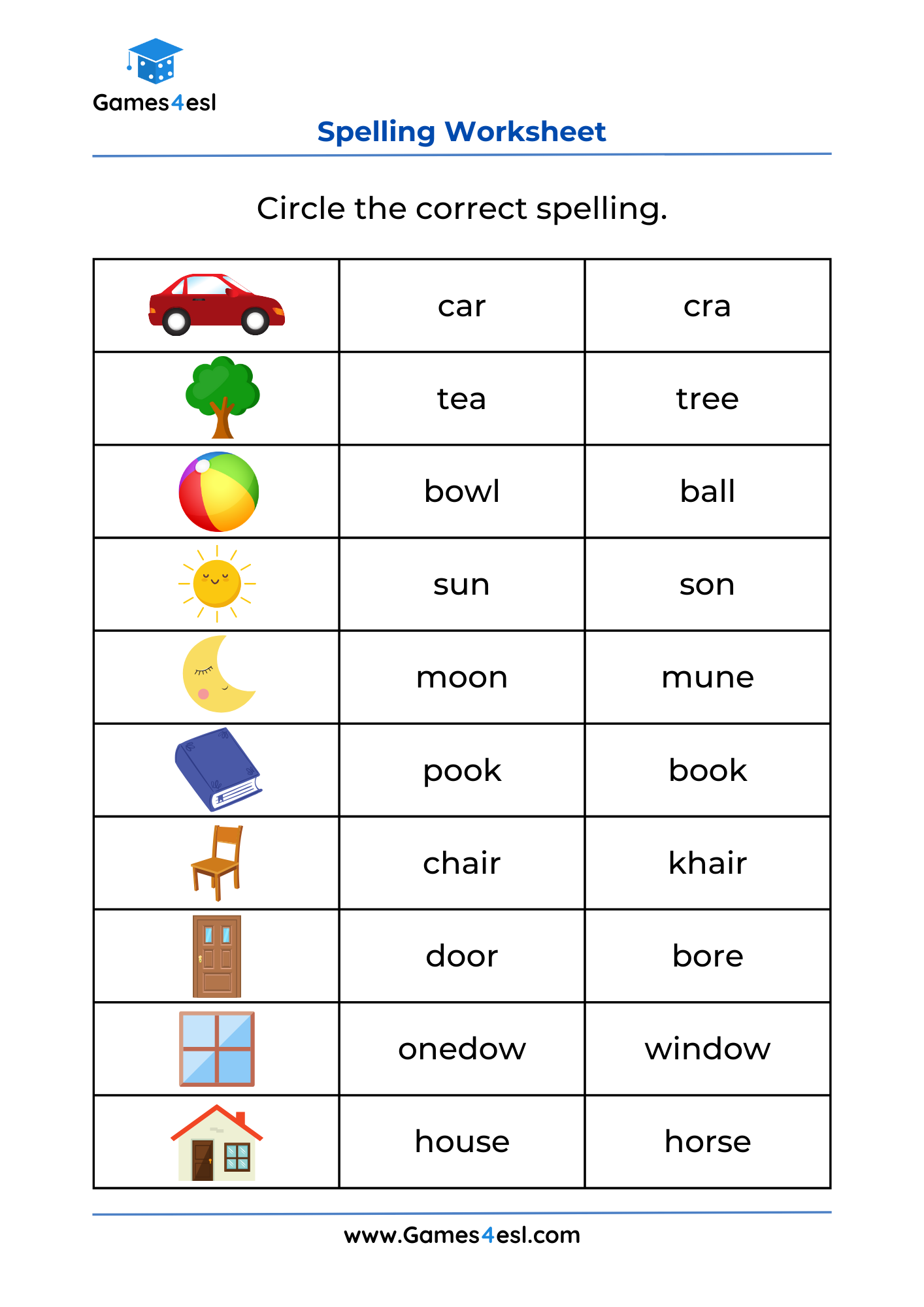 A spelling worksheet for learning nouns.