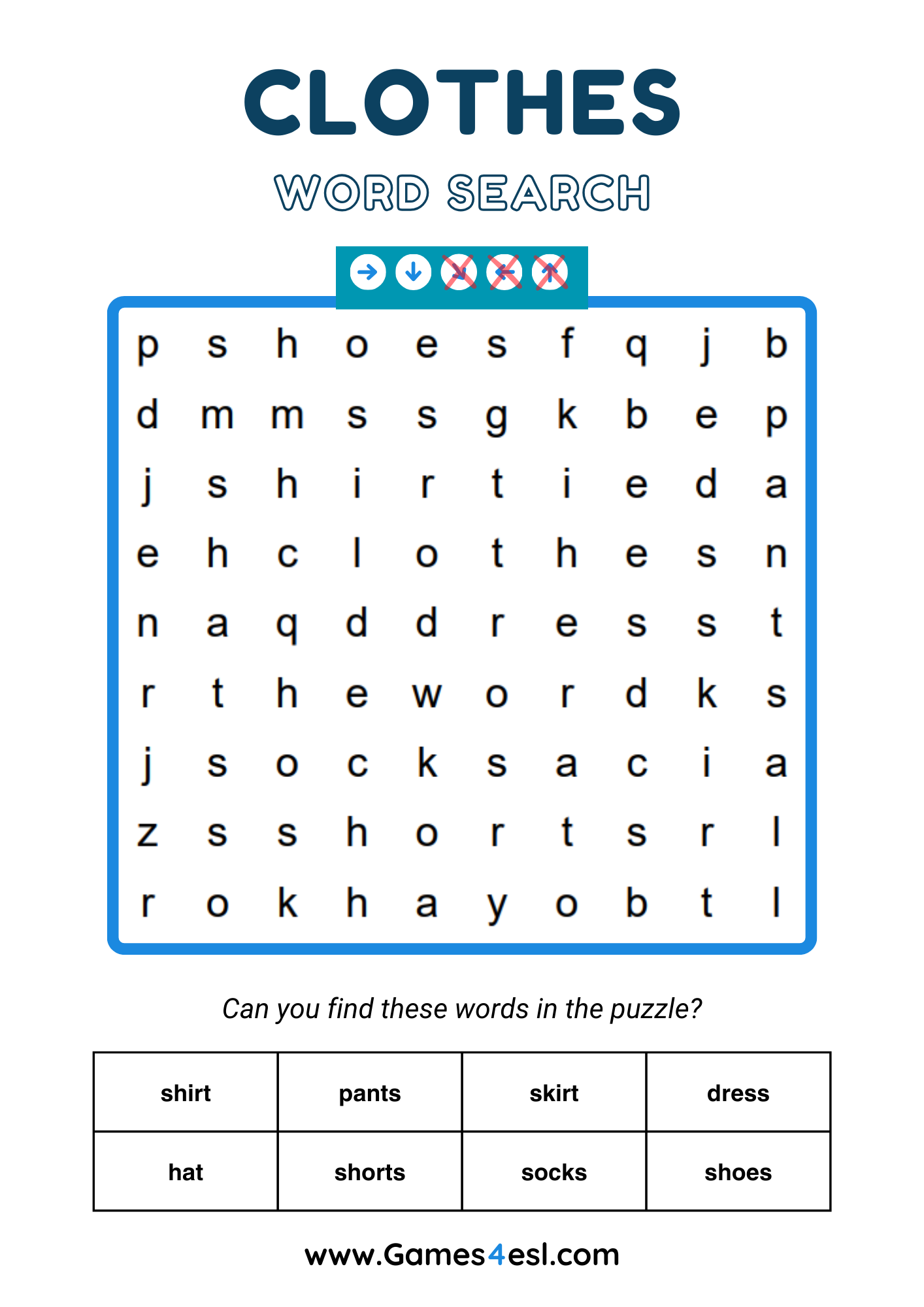 A word search for grade 1 about clothes.