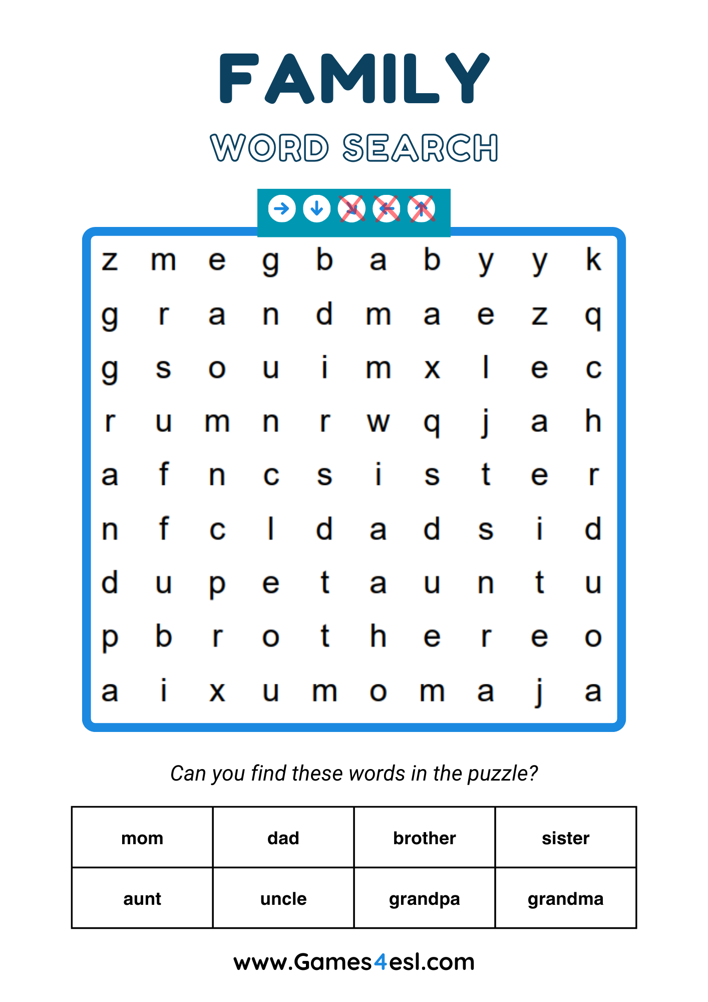 A word search for grade 1 about family.