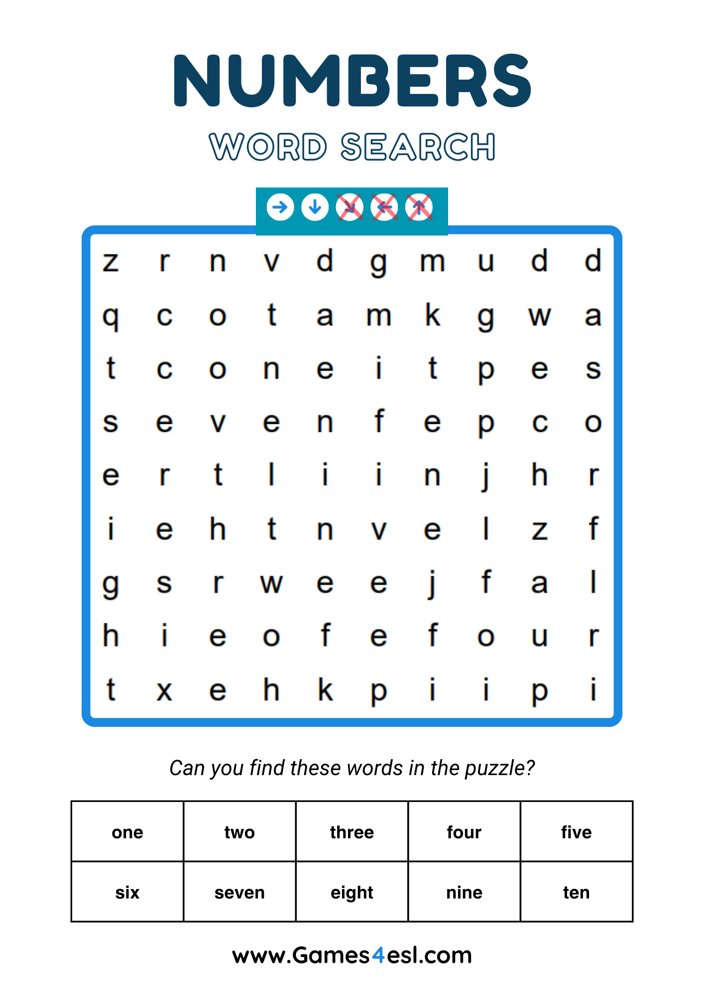 A word search for grade 1 about numbers.