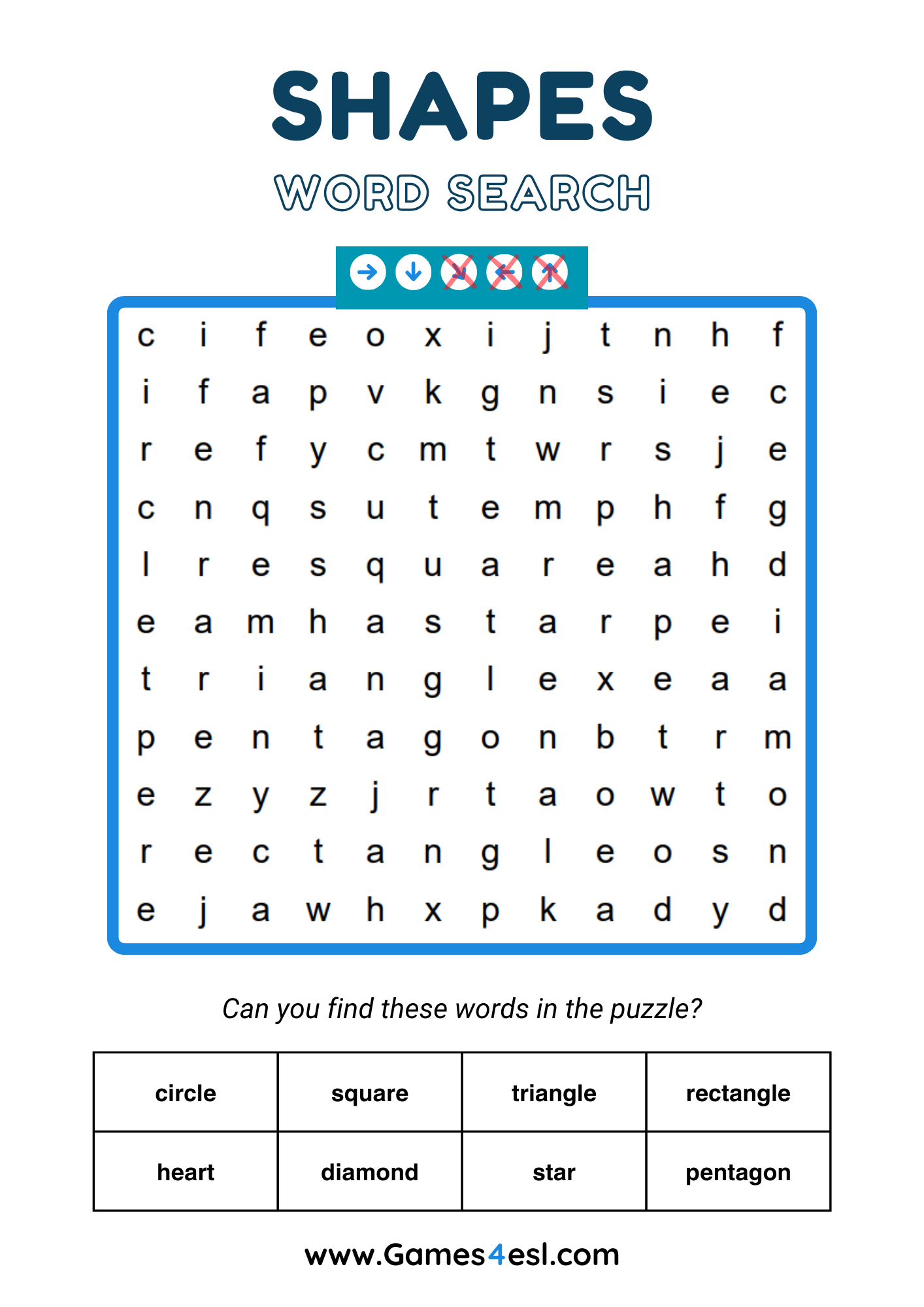 A word search for grade 1 about shapes.