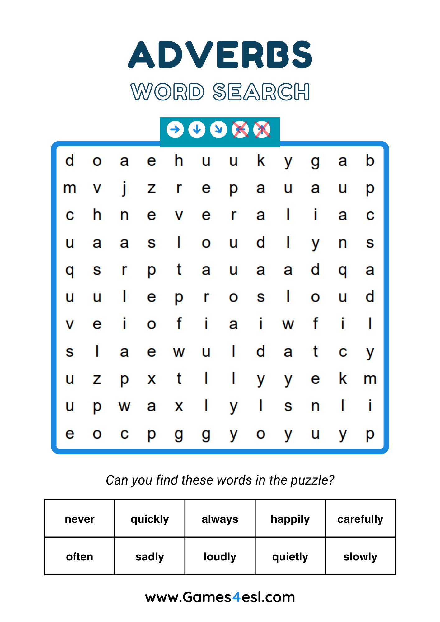 A word search about adverbs for grade 2.