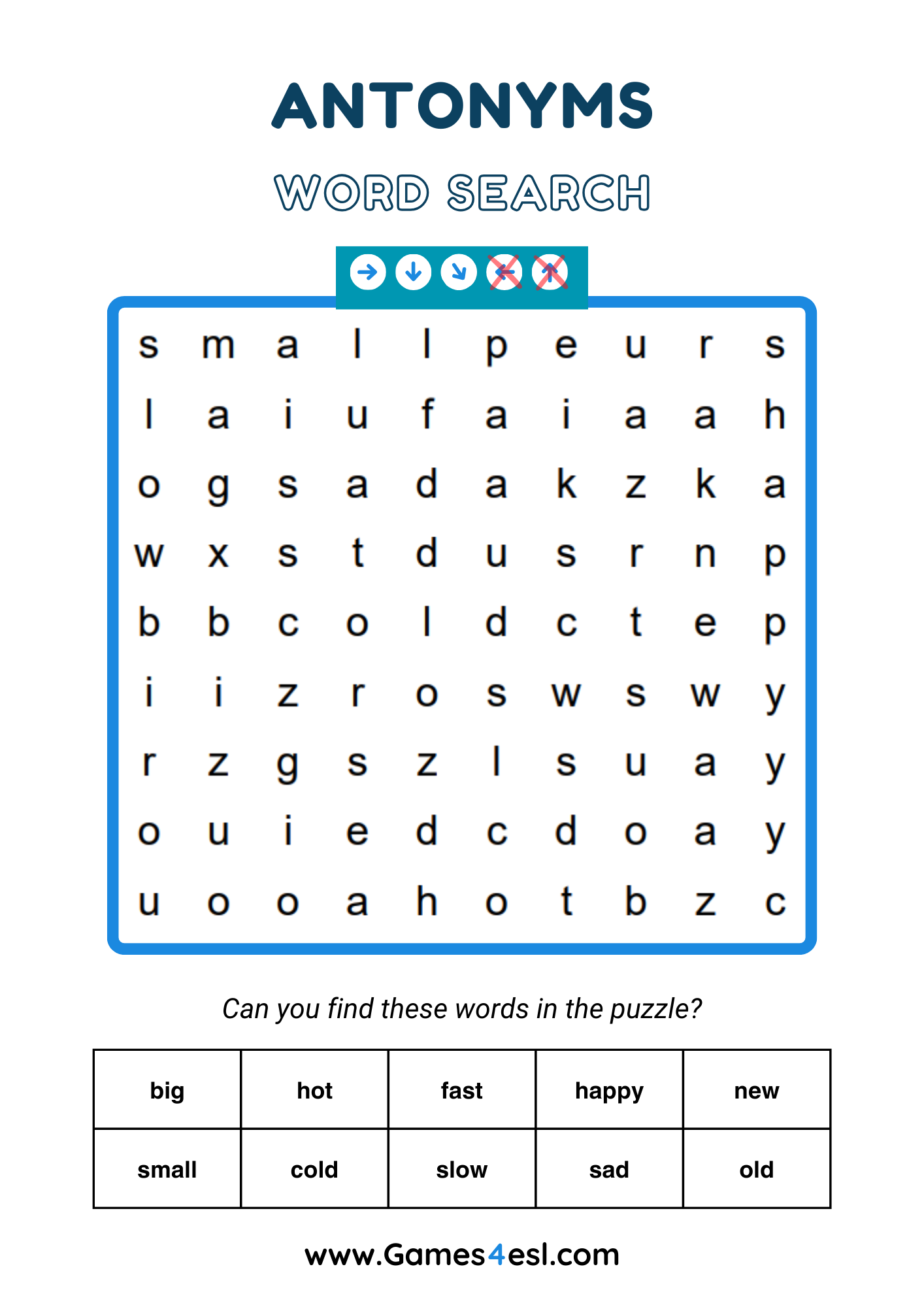 A word search about antonyms for grade 2.