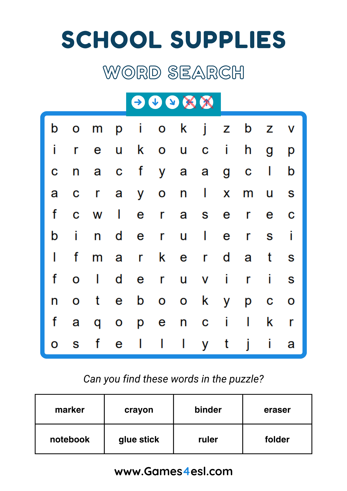 A word search about school supplies for grade 2.