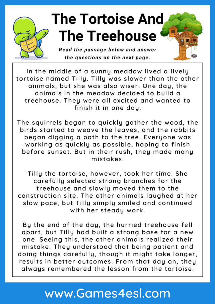 A 4th grade reading comprehension worksheet
