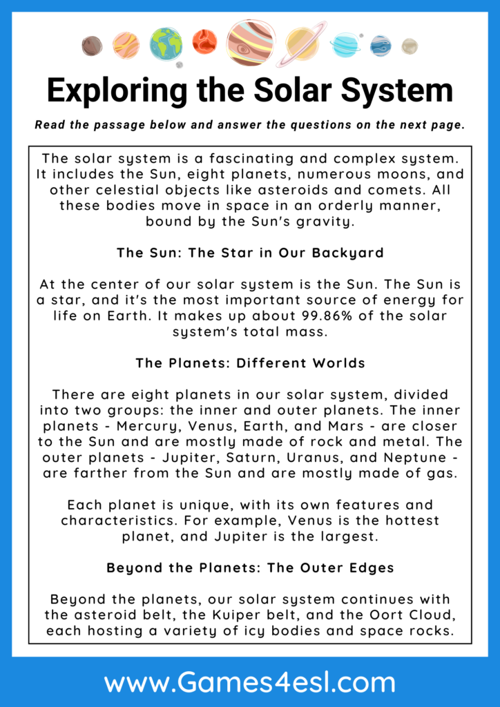 A 4th grade reading comprehension worksheet about the Solar System