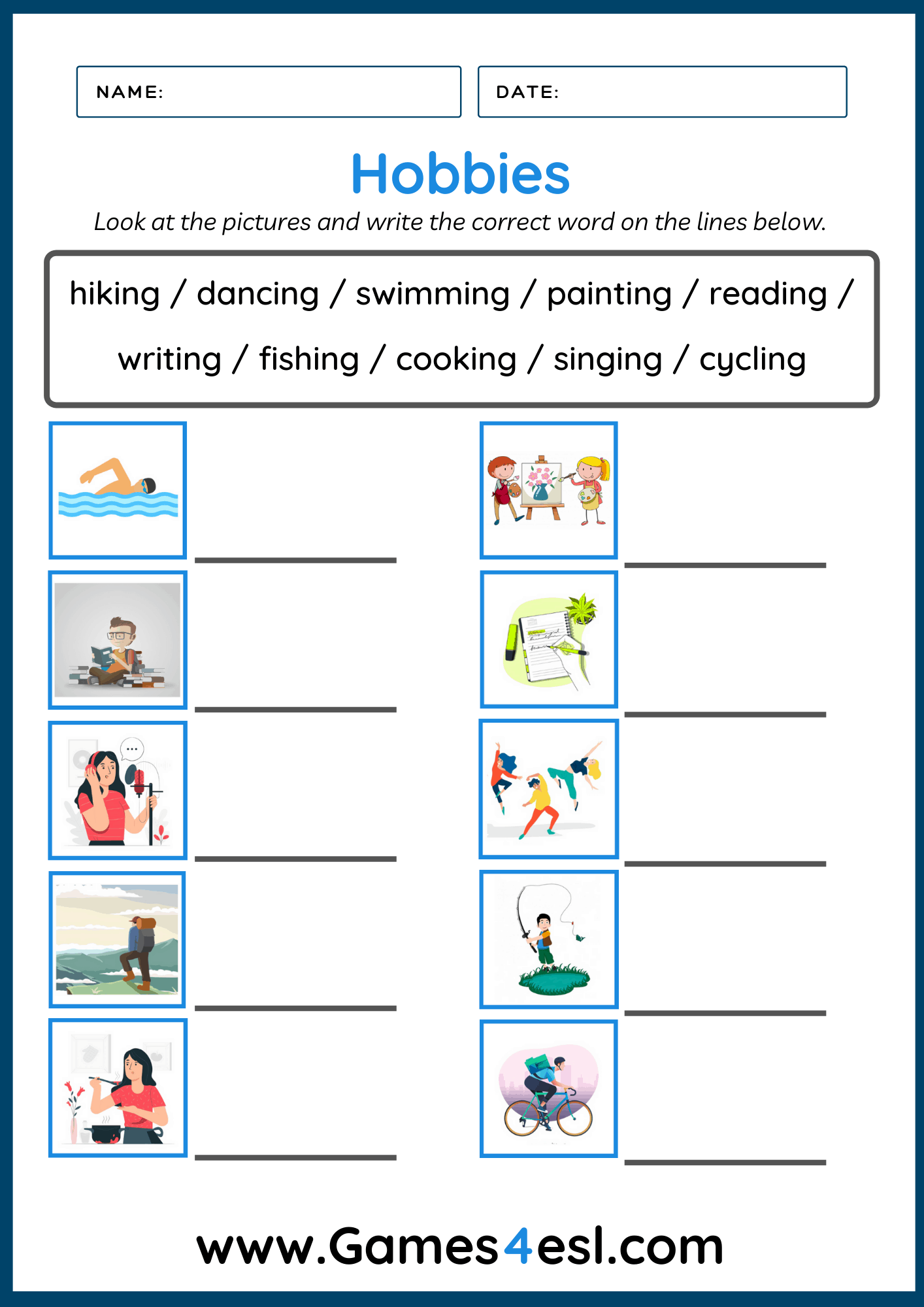 hobbies worksheets games4esl