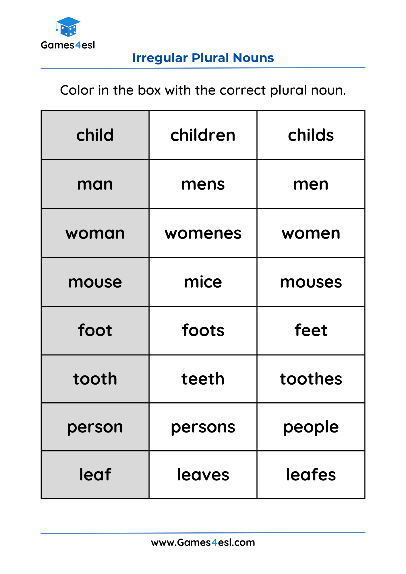 A worksheet to teach irregular plural nouns in English.
