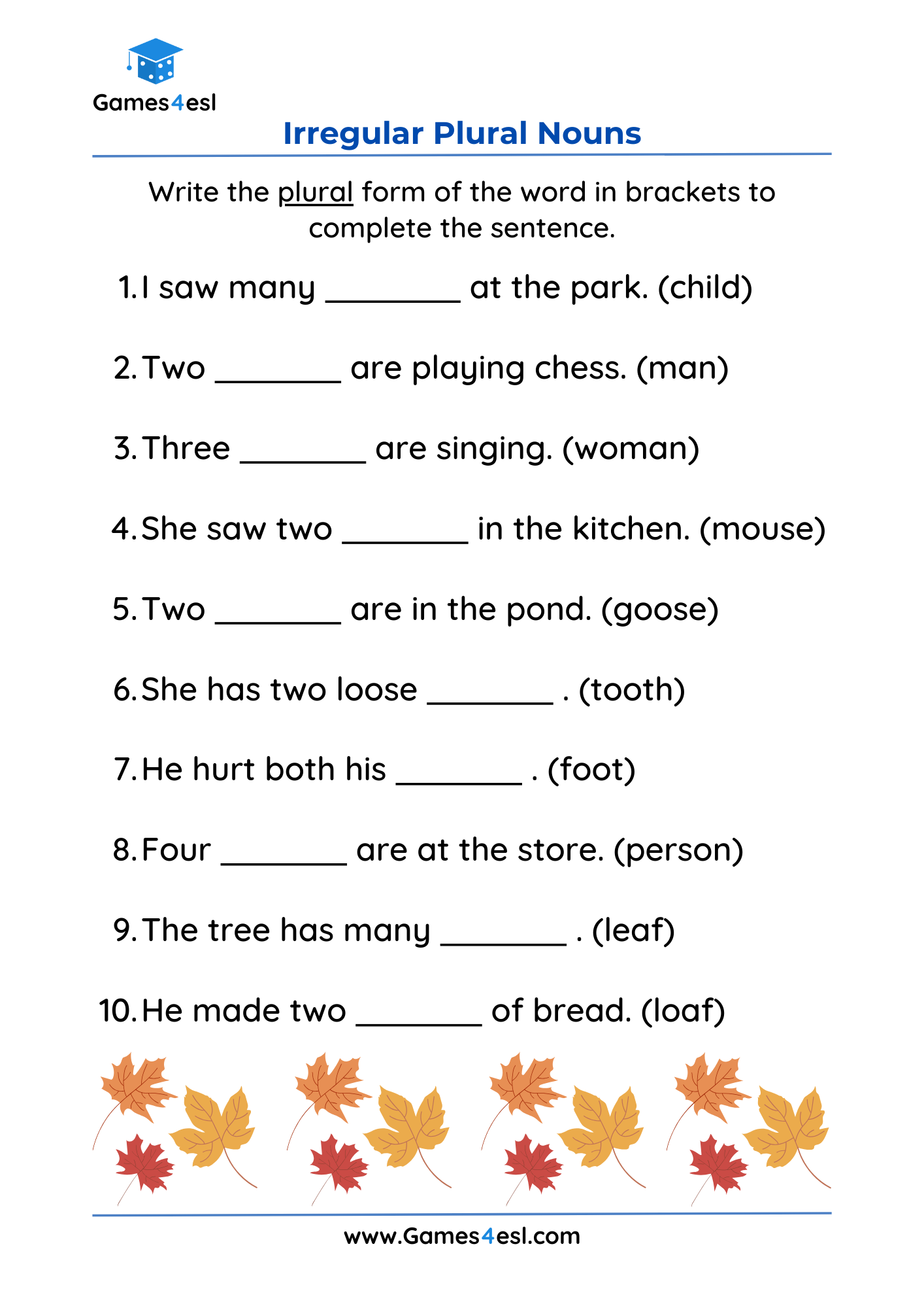 Irregular Plural Noun Worksheets Games4esl
