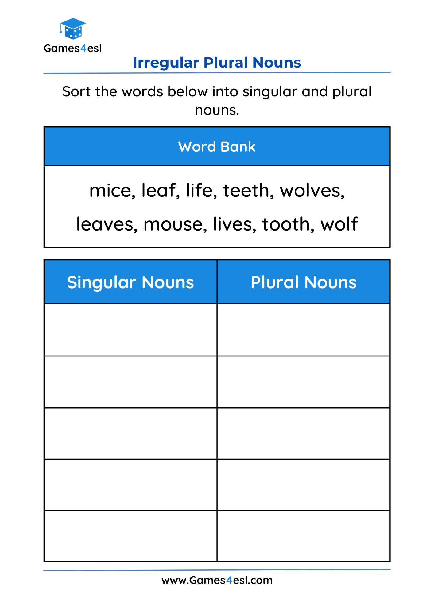 A worksheet to teach irregular plural nounsin English.