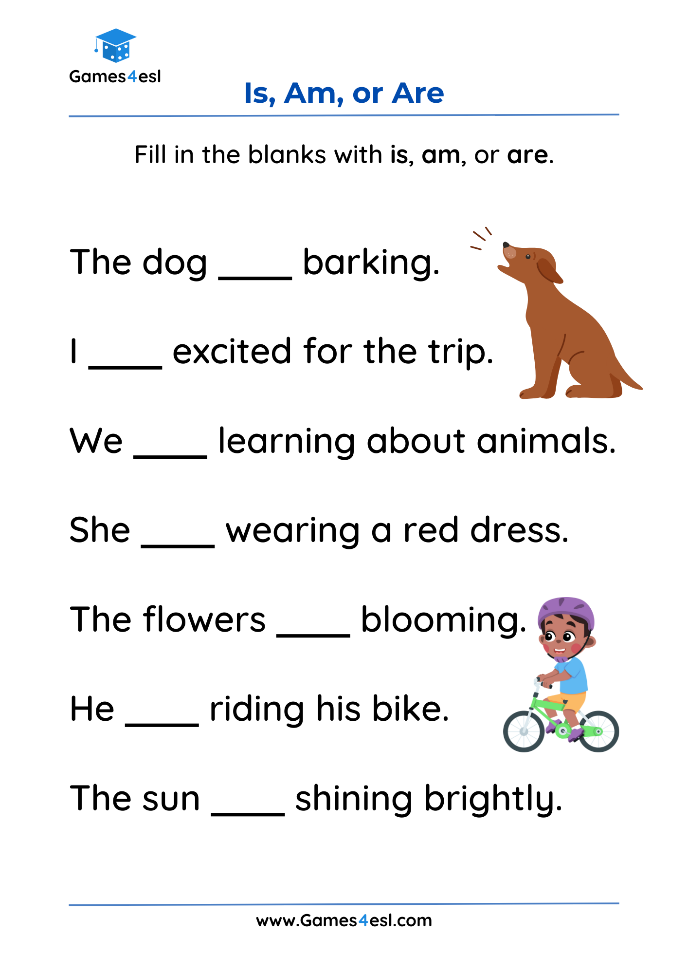 A worksheet for teaching is, am, and are.