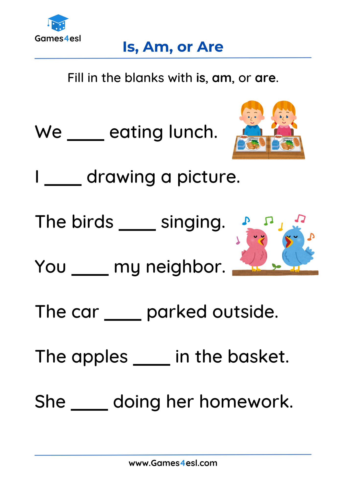 A worksheet for teaching is, am, and are.
