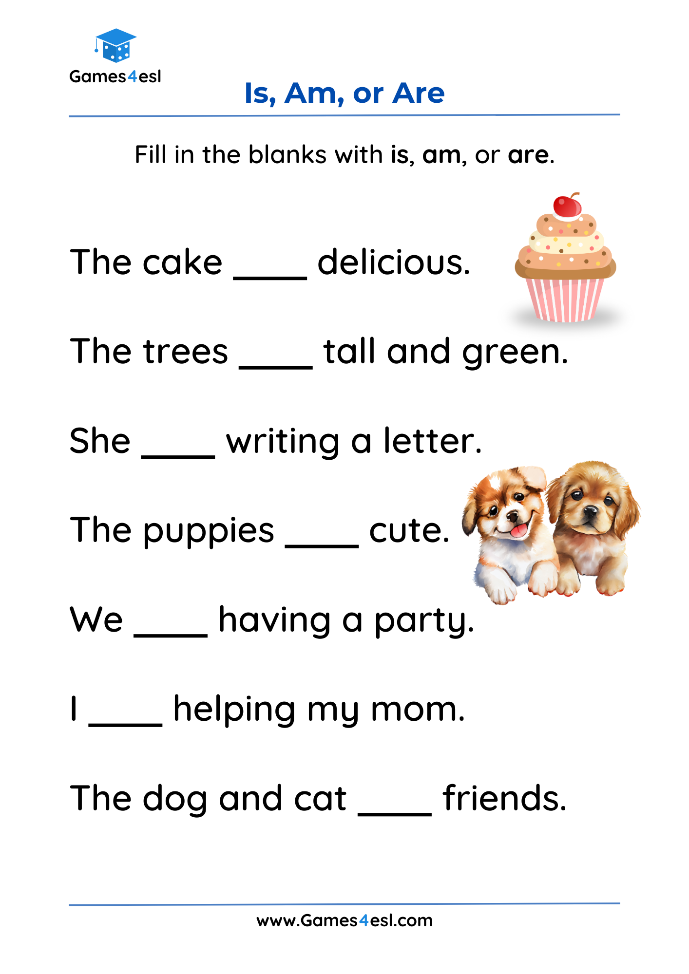 A worksheet for teaching is, am, and are.