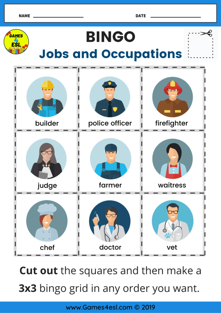Printable jobs bingo game where students cut and arrange nine job pictures in a 3×3 grid and play as teacher calls job names.