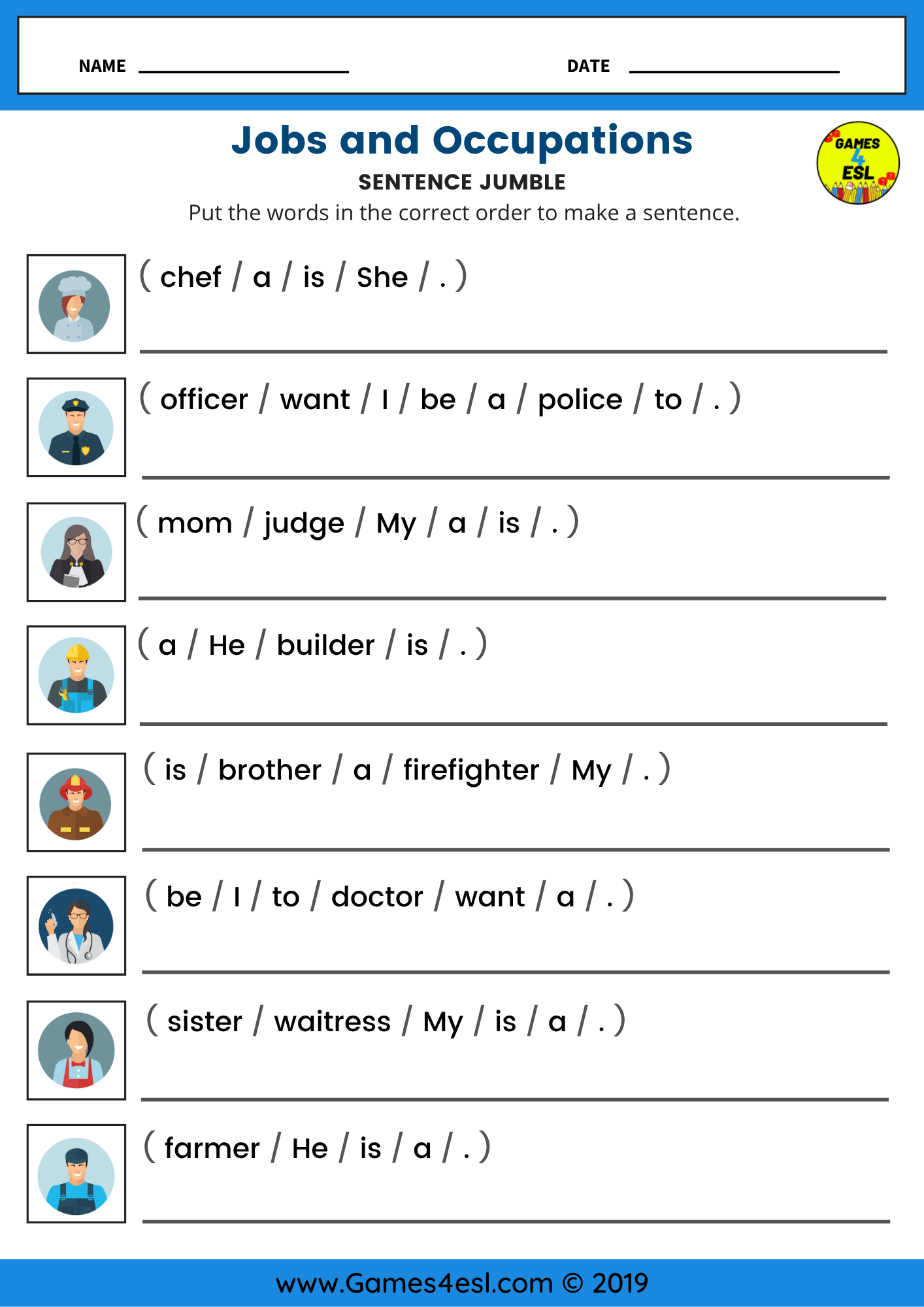 ESL worksheet where students reorder words to form sentences like “He is a doctor” or “I want to be a firefighter.