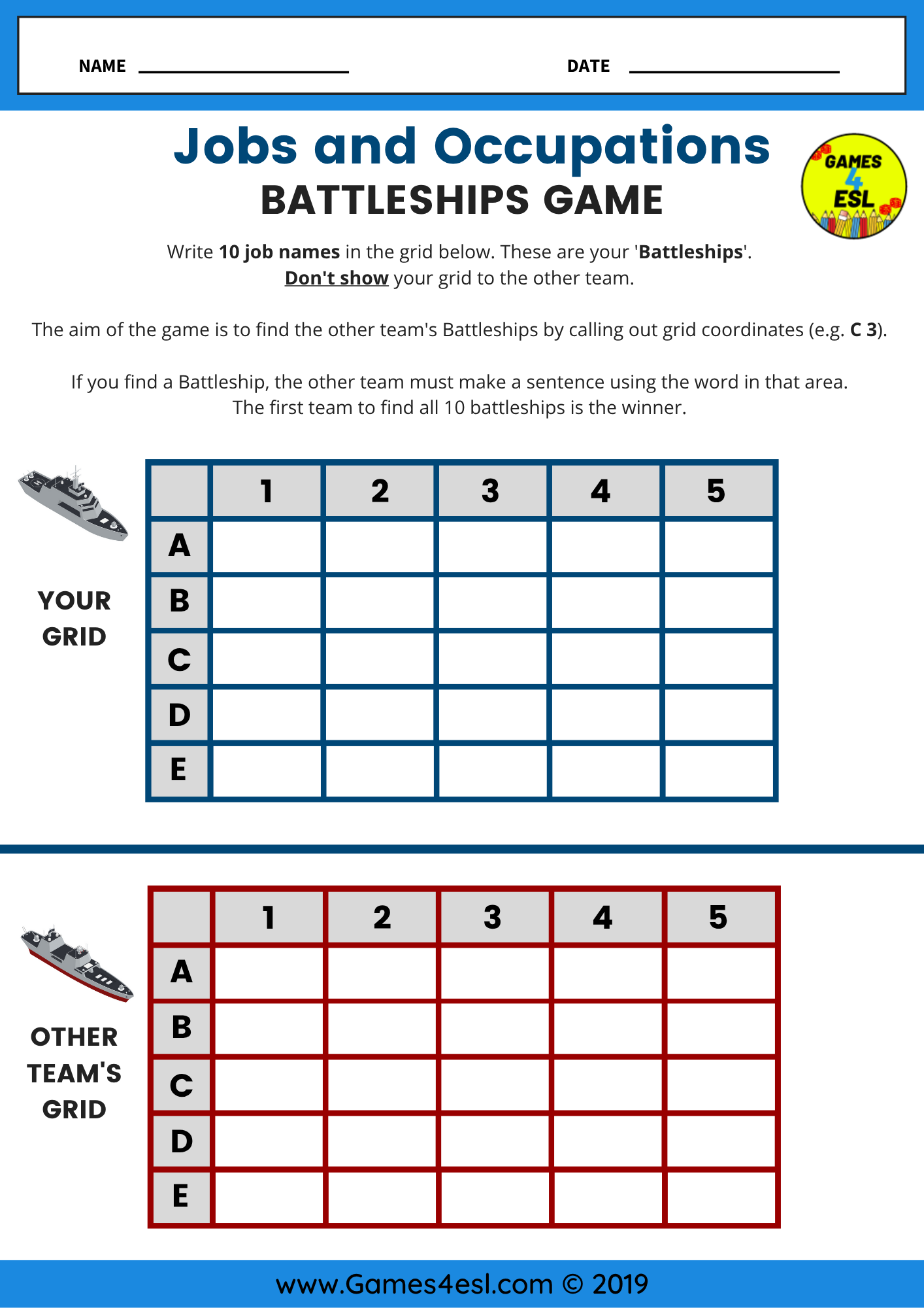 Printable Battleships grid game for ESL students to practice job vocabulary by calling coordinates and making sentences.