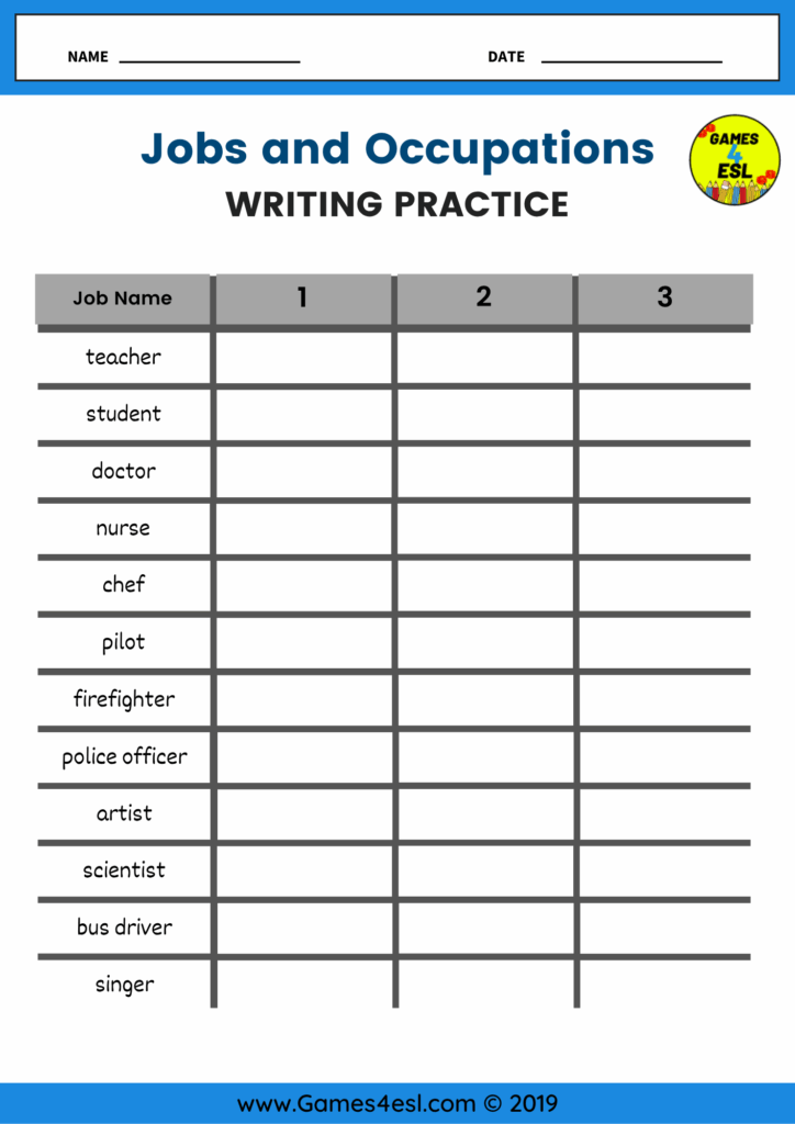 ESL jobs worksheet where students copy each of 12 job names three times to practice spelling and handwriting.