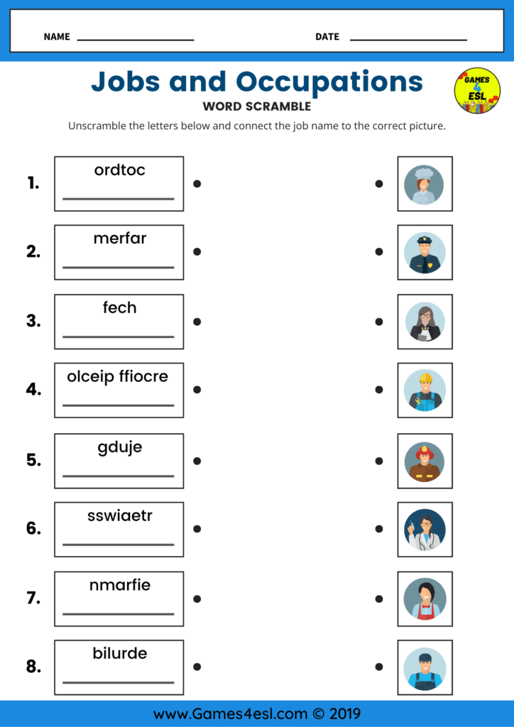 ESL worksheet where students unscramble letters to form job names and match each to the correct picture.