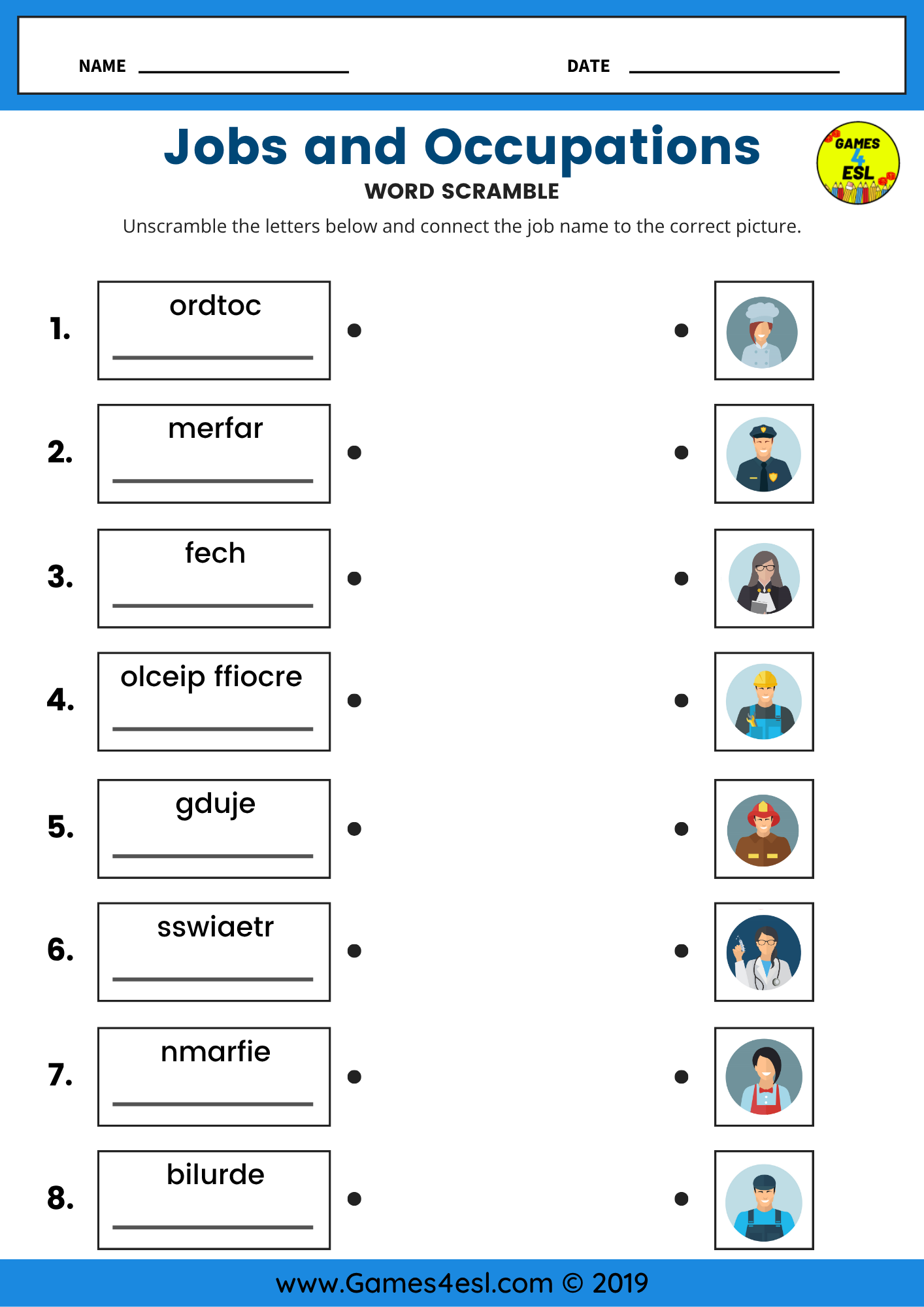 ESL worksheet where students unscramble letters to form job names and match each to the correct picture.