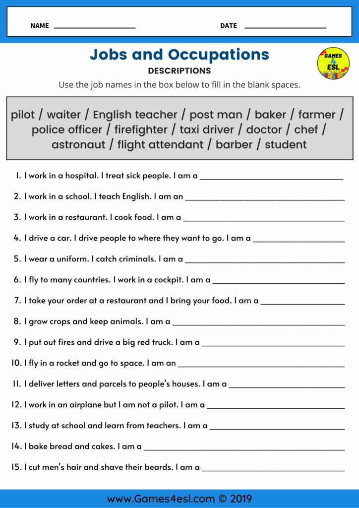ESL jobs worksheet where students read short job descriptions and write the correct job name in the blank.