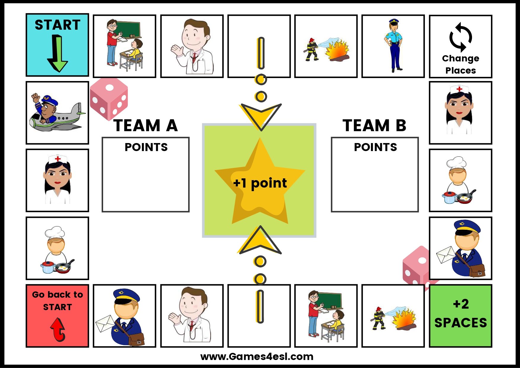 A printable board game about jobs and occupations in English.