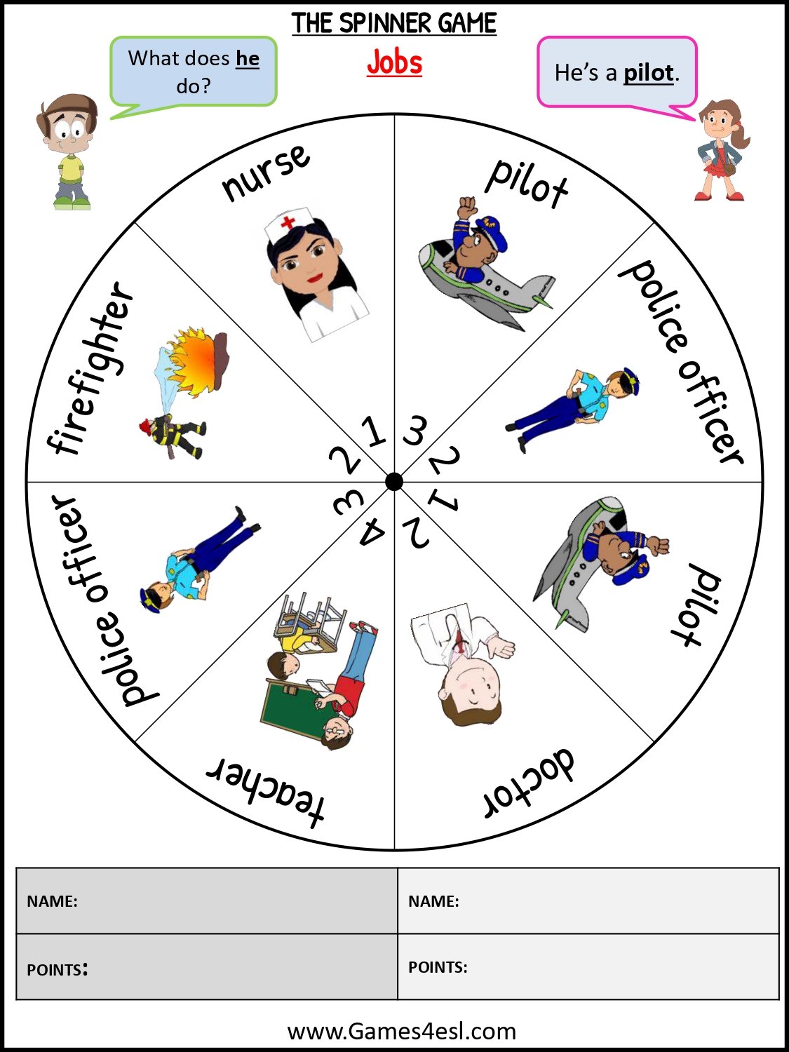A printable board game about jobs and occupations in English.