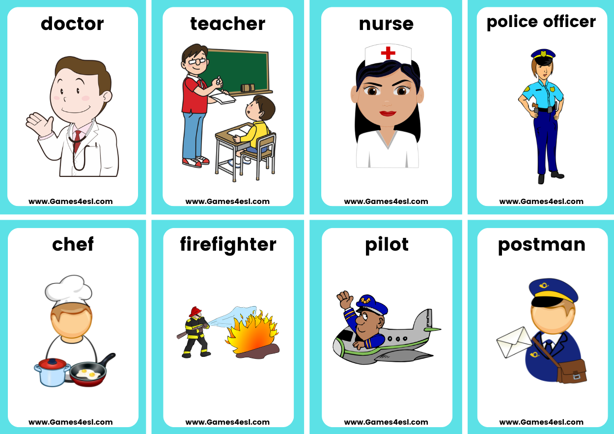 A collection of printable jobs and occupation flashcards for kids.