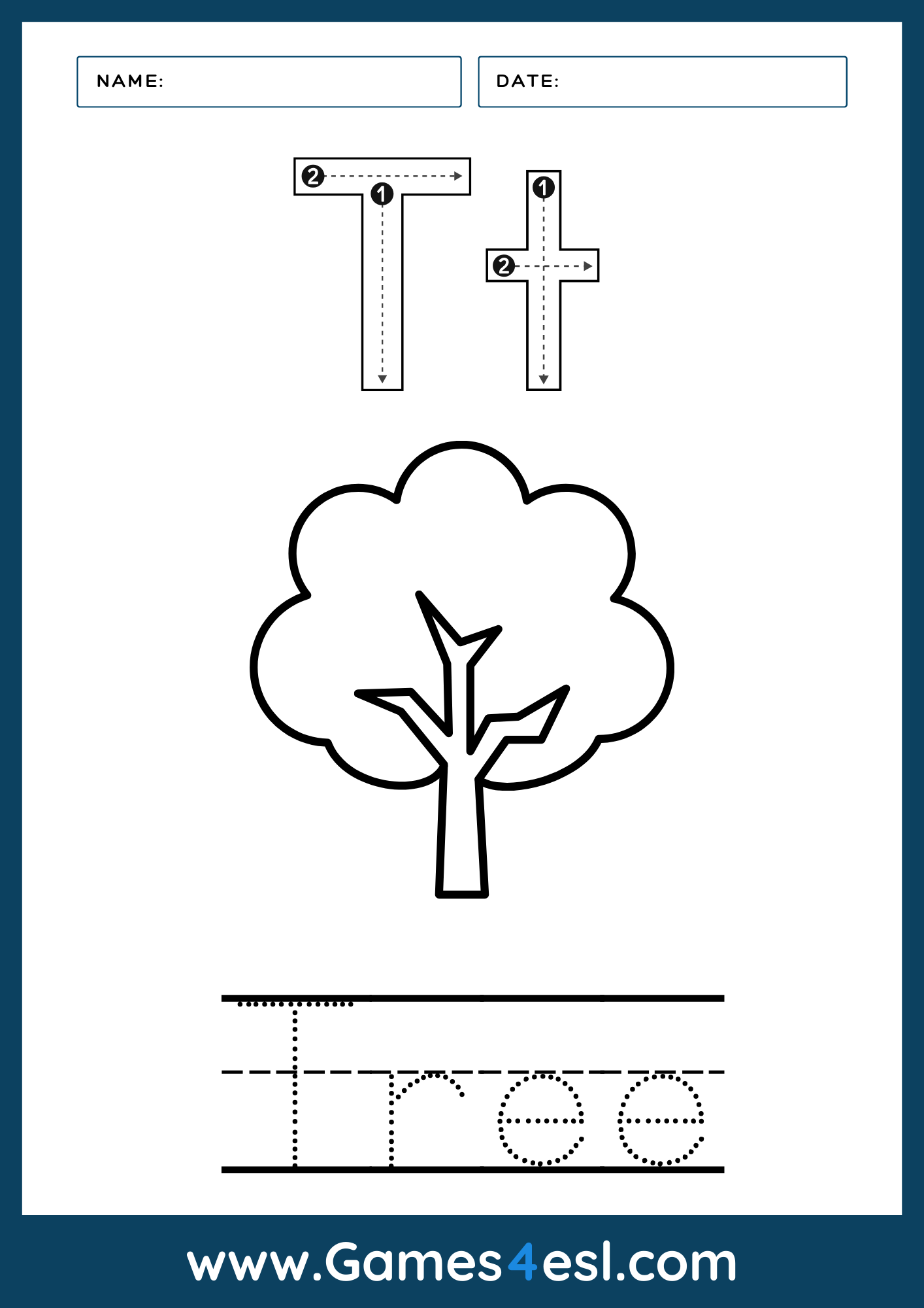 A Letter T worksheet for kids.