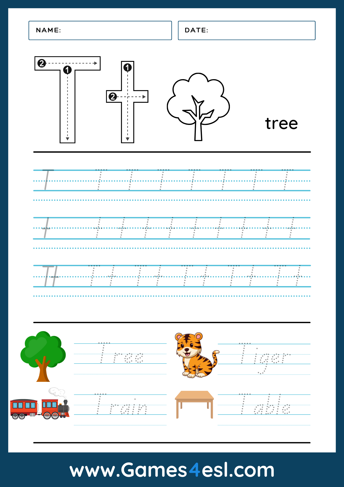 A Letter T tracing worksheet
