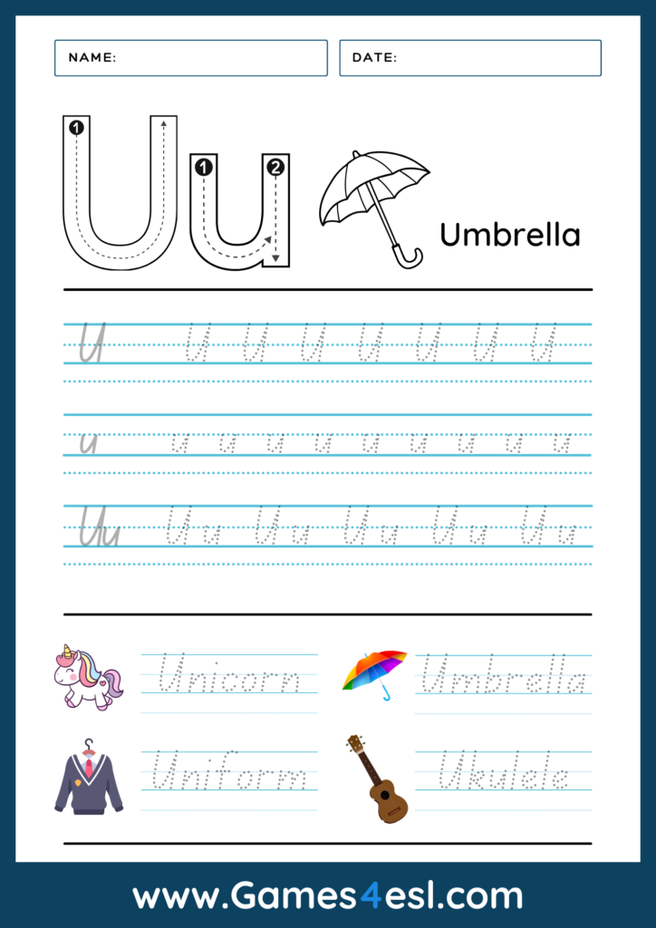 A Letter U Writing Worksheet