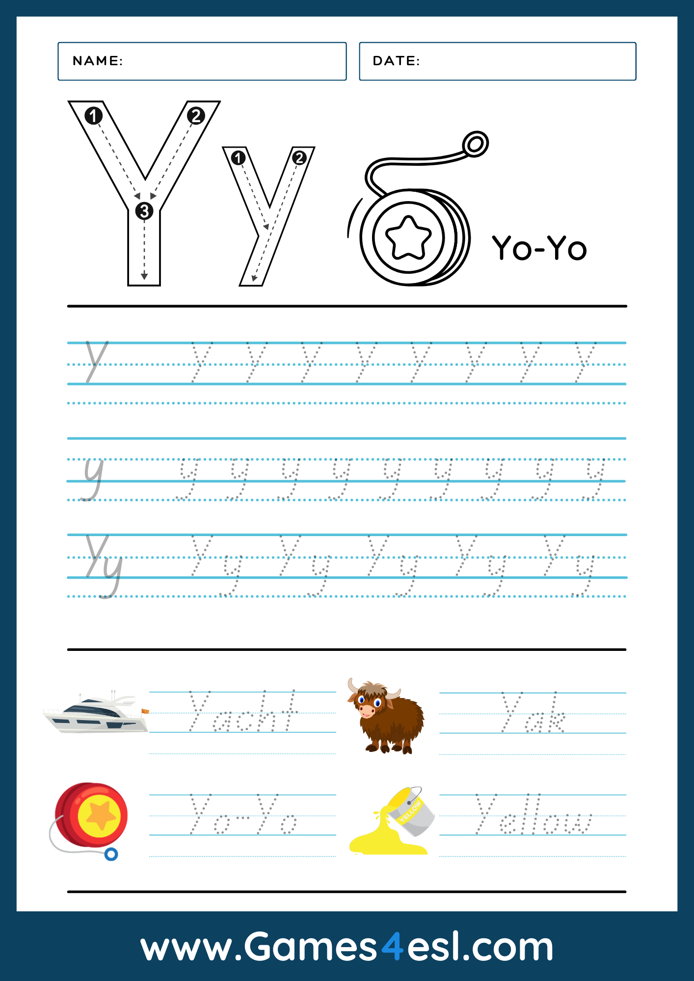 A Letter Y Tracing Worksheet