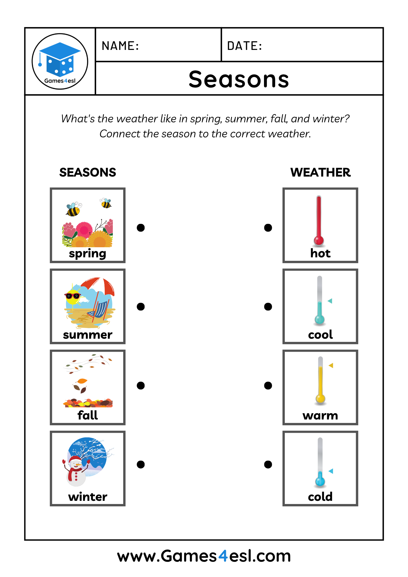 ESL worksheet where students match each season to the correct weather picture.