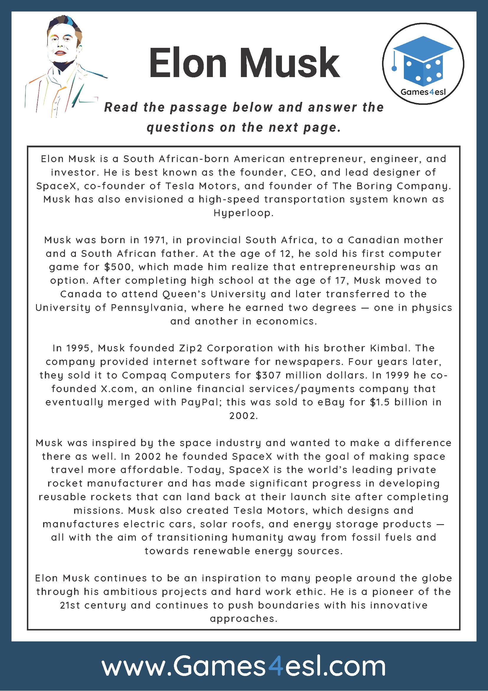 Middle School Reading Comprehension Worksheet About Elon Musk